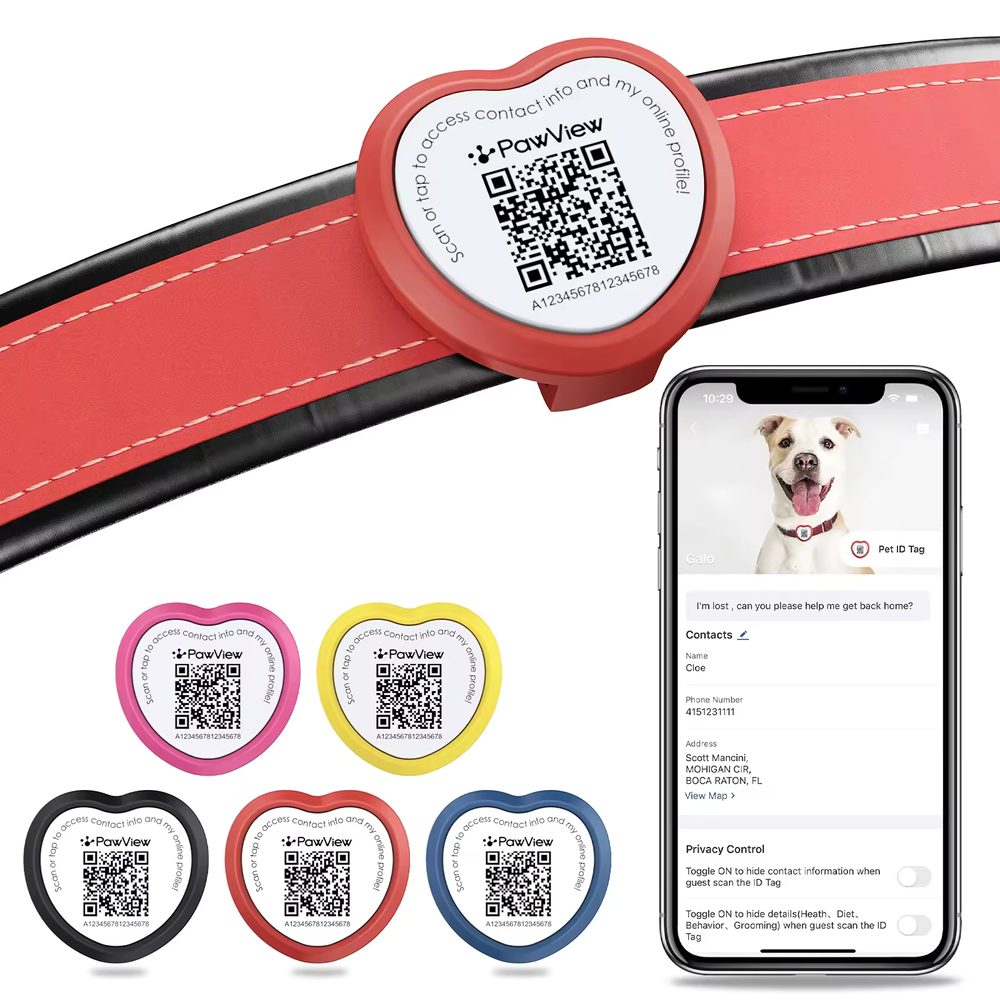 PawView chytrá známka pro psy a kočky srdce - červená